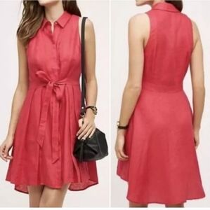 Anthropologie HD in Paris Pink Linen Pleated A-Line Dress Sleeveless Old Money 4